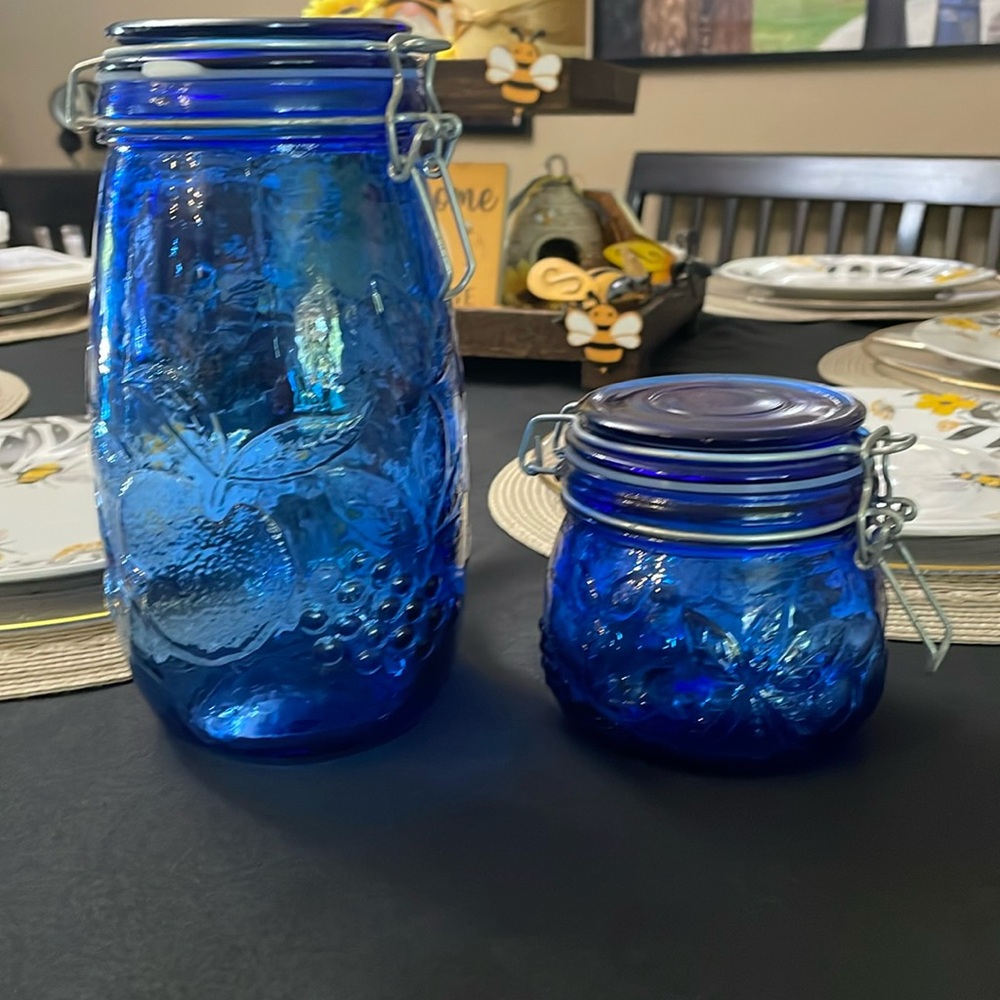 2 Cobalt Blue Fruit Embossed Hinged Canisters